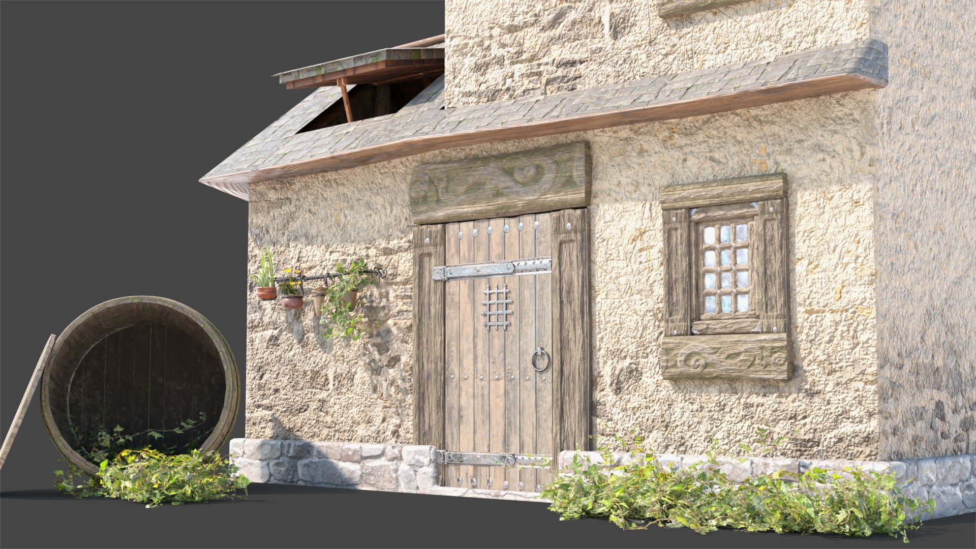 Medieval house cottage stone 3d model Blender OBJ with PBR textures and low polycount
