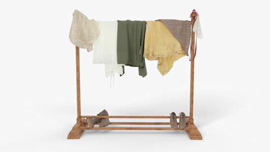 Medieval clothing rack with peasant dresses. Low-poly 3D model for Blender, OBJ and PBR textures.