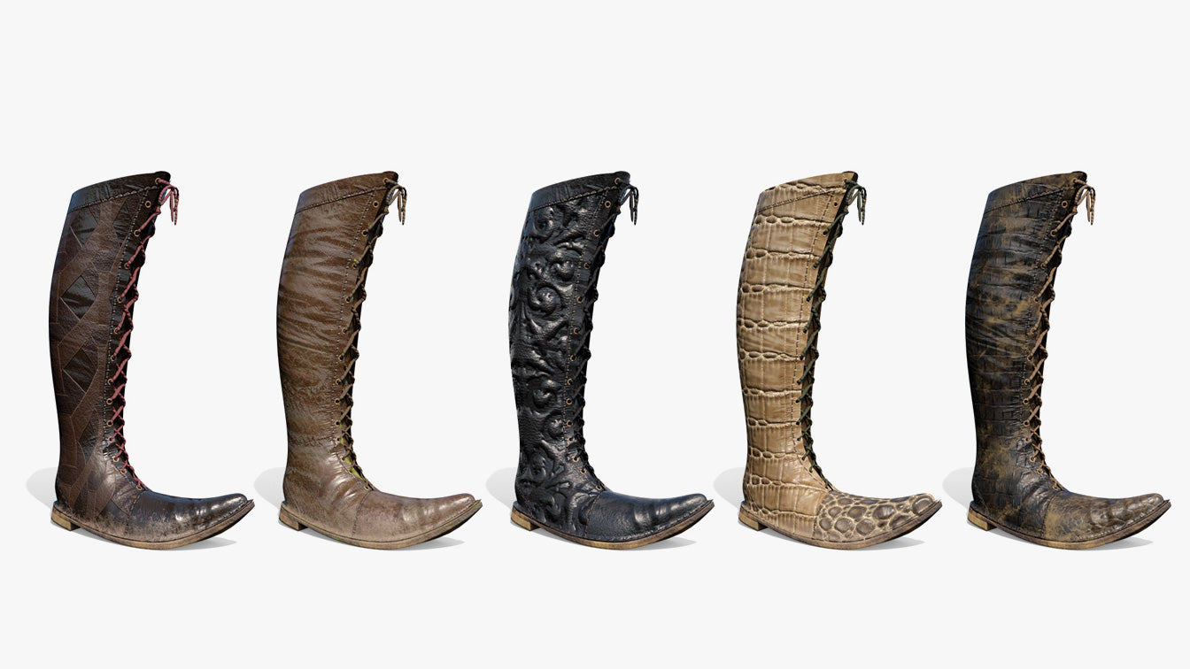 Medieval boots pointy tip 3d model blender obj leather caiman crocodile