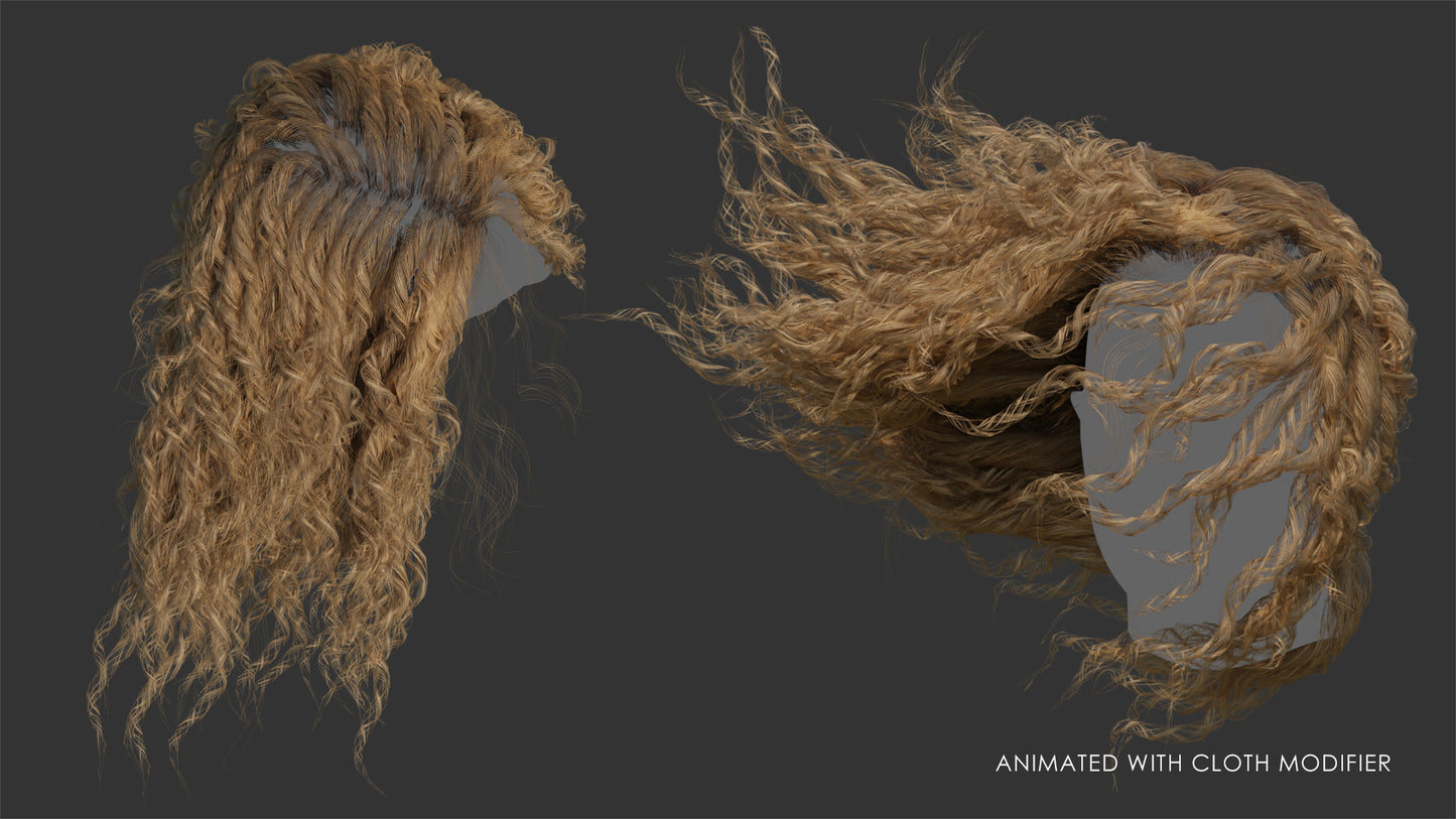 Medium curly hair animated with cloth modifier mesh cards 3d model for Blender and OBJ with PBR textures