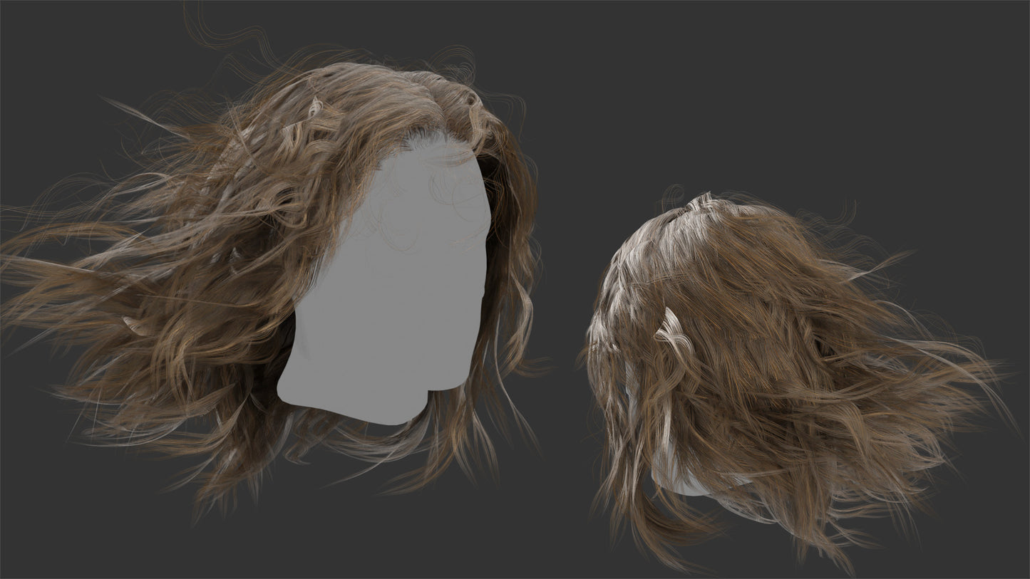 Medium hair mesh cards 3d model realistic for Blender and OBJ with PBR textures and low poly count can be animated