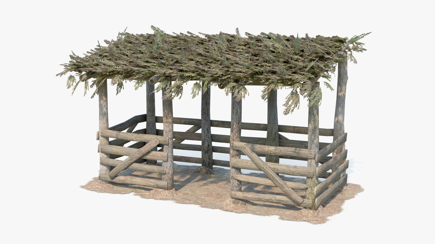 Small medieval barn attachment made of wood with a leaf roof. 3D model for Blender and OBJ with PBR textures and lowpoly