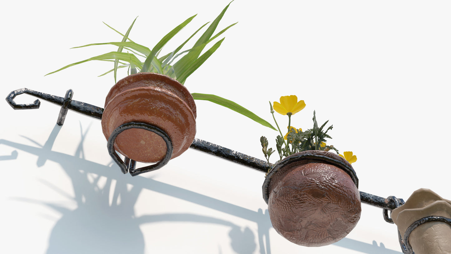 Wall iron rack with planters 3d model Blender and OBJ with PBR textures and low polycount