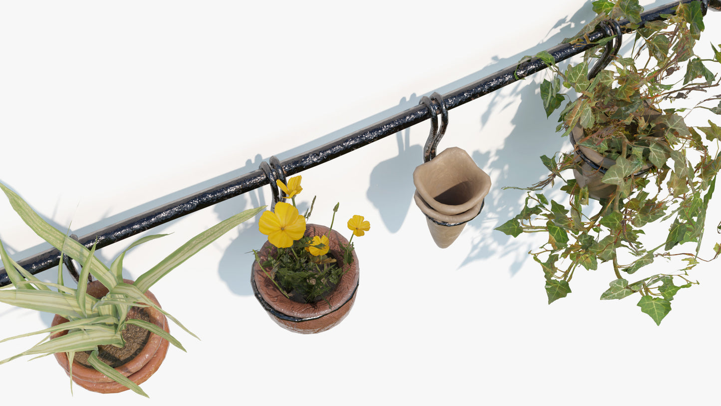 Wall iron rack with planters 3d model Blender and OBJ with PBR textures and low polycount