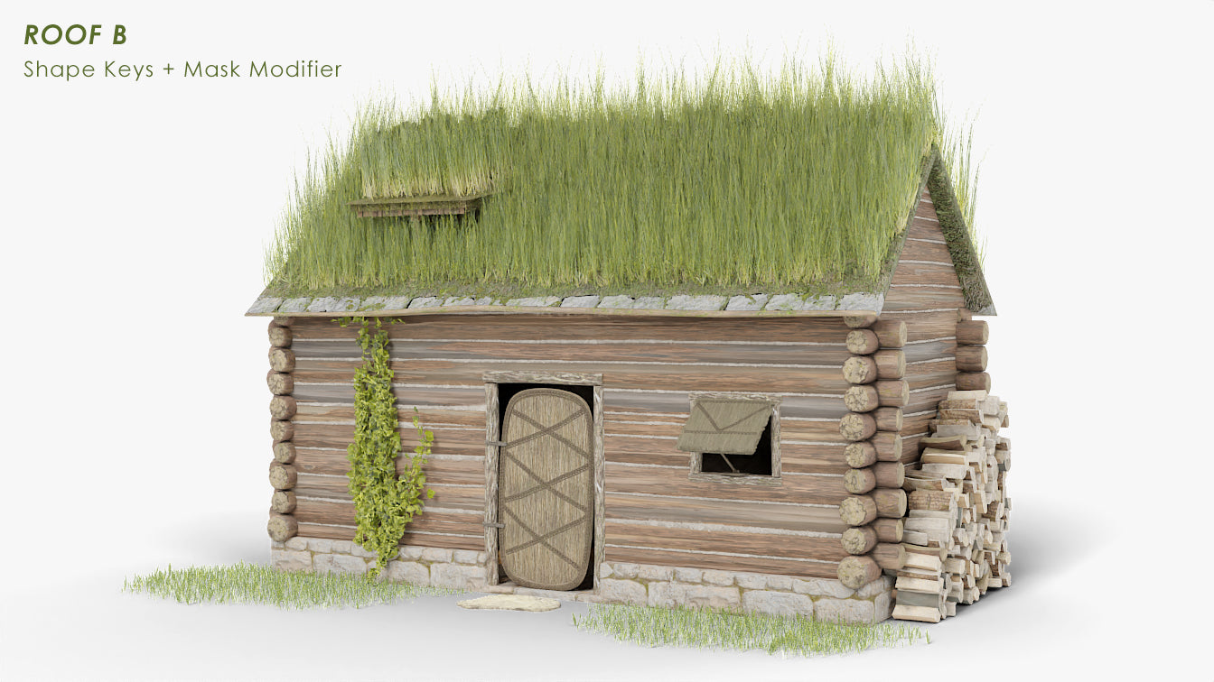 Medieval log house, wood cabin with sod roof low-poly 3D model for Blender and OBJ with PBR textures