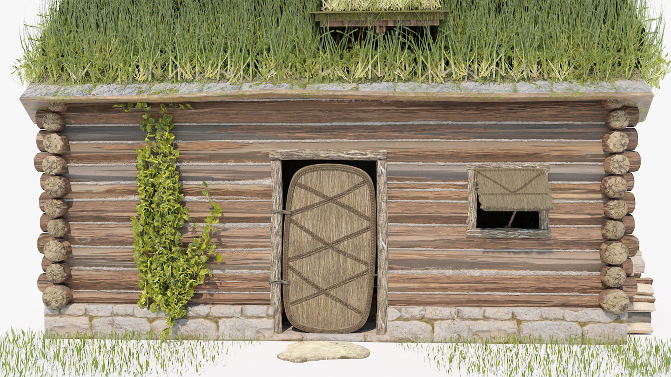 Medieval log house, wood cabin with sod roof low-poly 3D model for Blender and OBJ with PBR textures