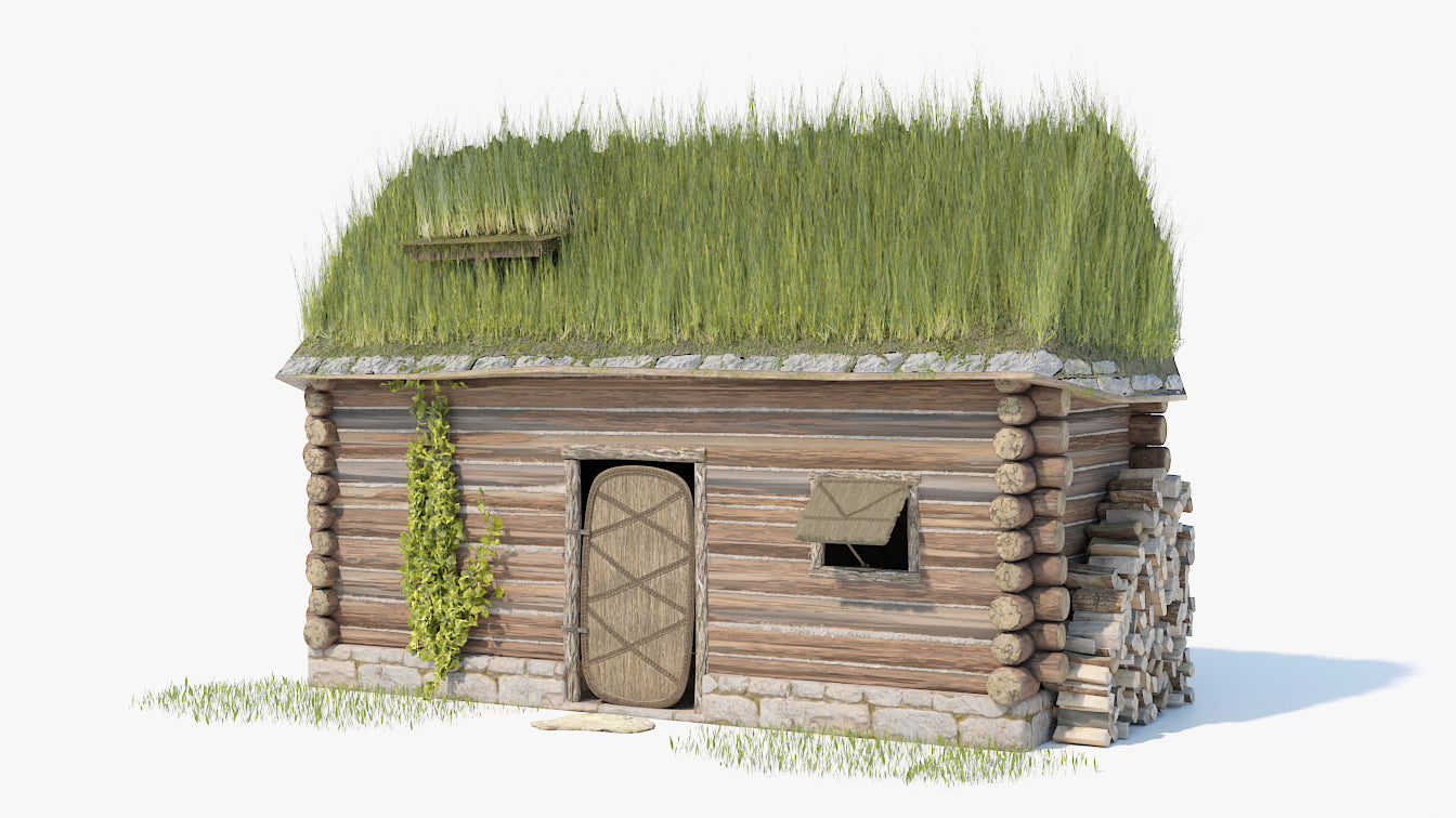 Medieval log house, wood cabin with sod roof low-poly 3D model for Blender and OBJ with PBR textures