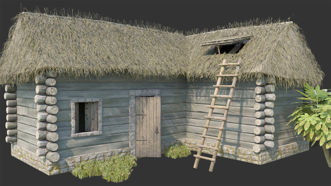 Medieval log house cabin L shape low poly 3d model for Blender and OBJ with PBR textures