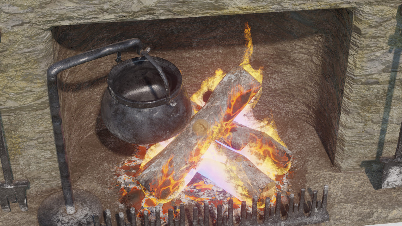 iron cauldron campfire logs medieval fantasy 3d model blender obj