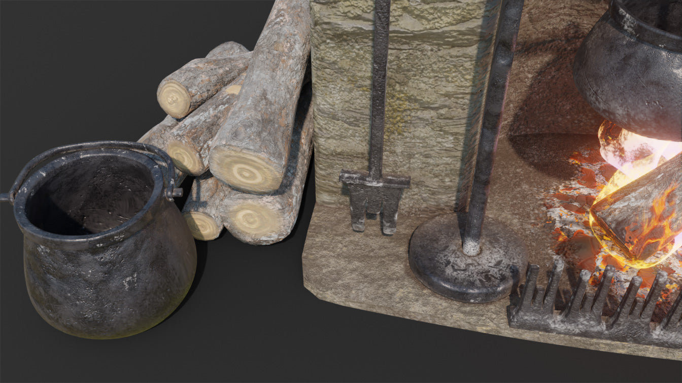iron cauldron campfire logs medieval fantasy 3d model blender obj