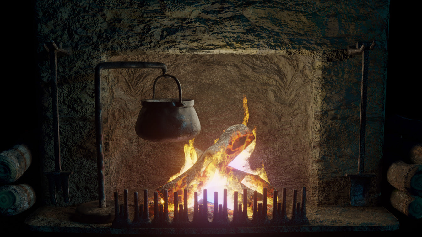 medieval stone fireplave with burning logs  3d model blender obj