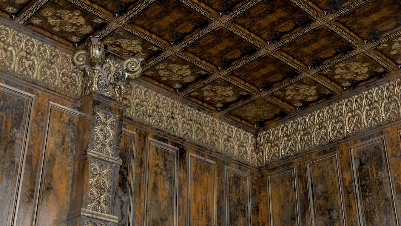 Victorian Gothic Carved panel walls, ceiling and floor with gold leaf decorations 3d modeol for blender and obj, low poly count and PBR textures