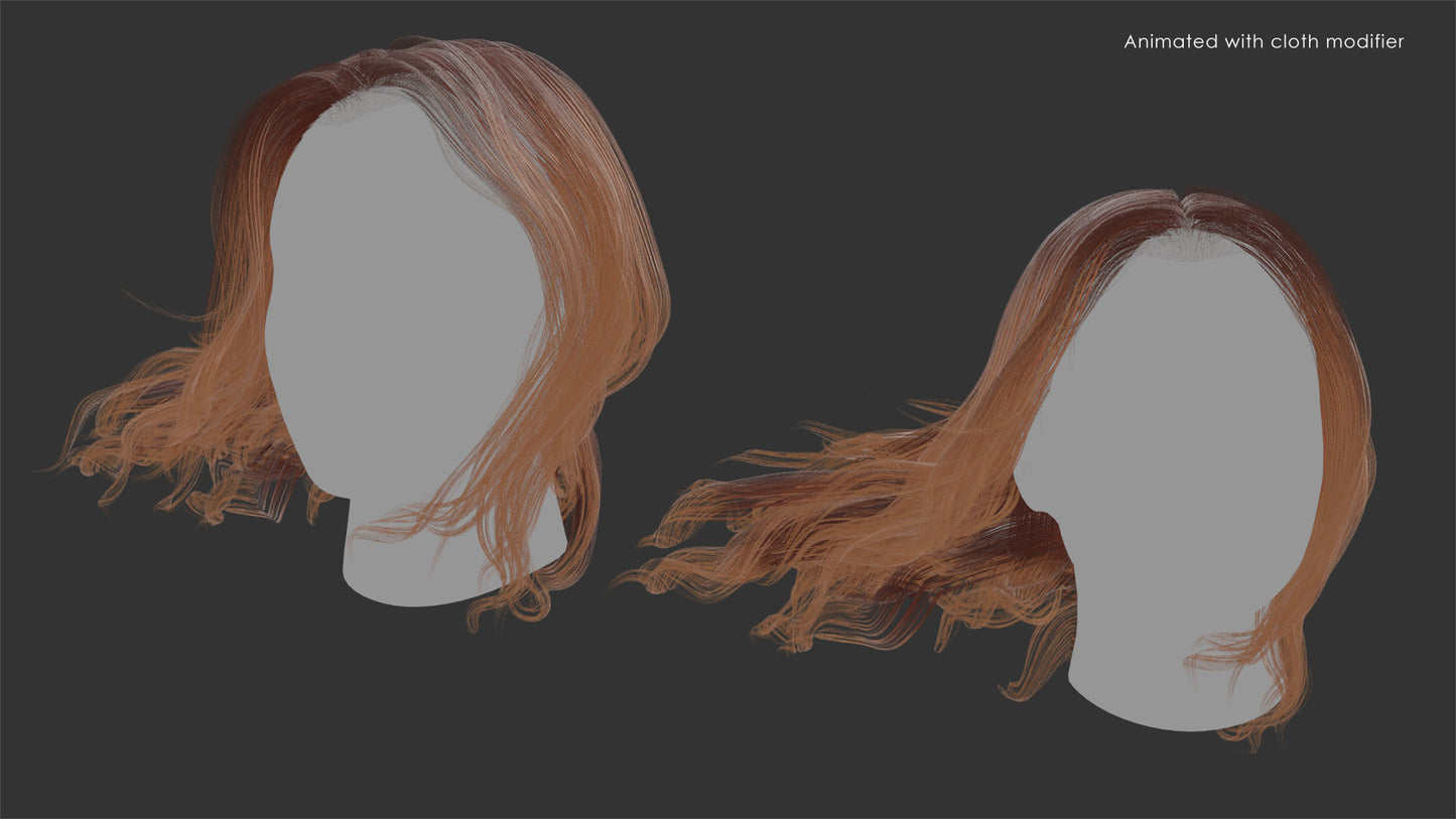 Animated 3D hair mesh cards short wavy curls for Blender and OBJ with PBR textures